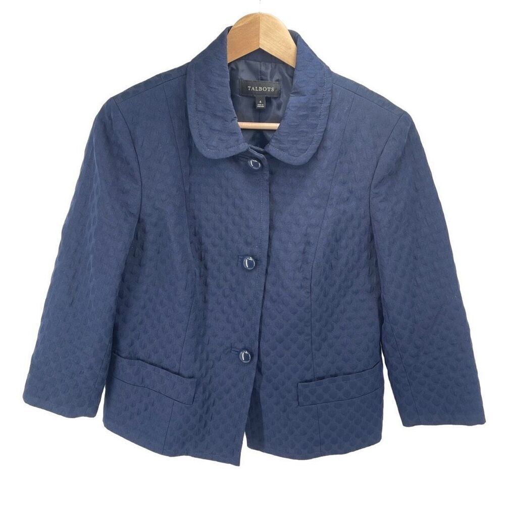 Talbots Womens Blazer Jacket Three Button Long Sleeve Lined Textured Blue Size 6